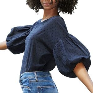 Loft Navy Blue Swiss Polka Dot Textured Ruffle Sleeve Top Sz Large